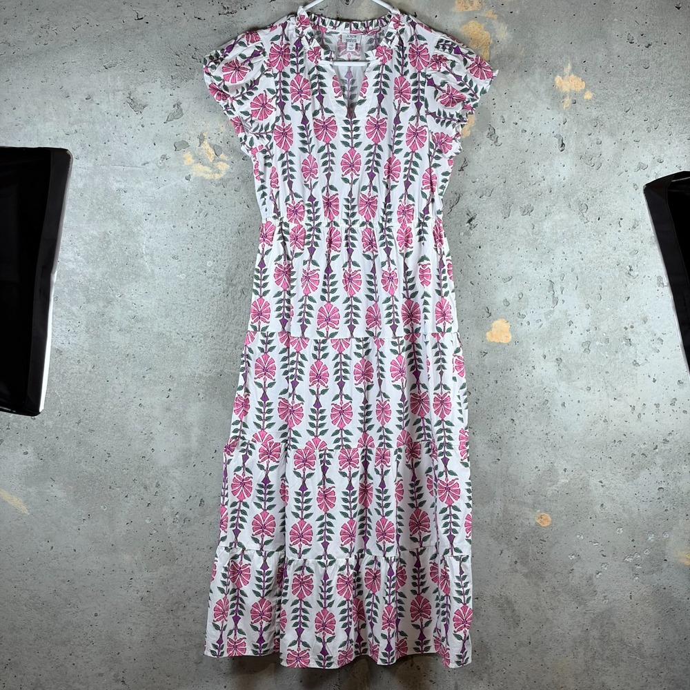 J.Crew Tiered Maxi Dress Womens 10 White Pink Floral Regenerative Cotton Blend